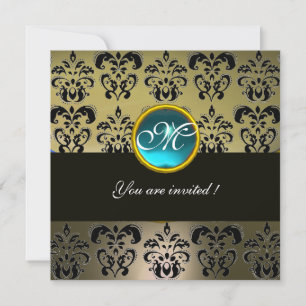 INVITATION GRIS NOIR DAMAS MONOGRAMME, AQUAMARINE BLEU