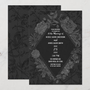 Invitation Gris Noir Élégant Diamant Fleurs Vintage Mariage