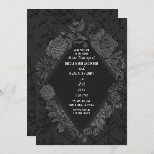 Invitation Gris noir élégant Diamant Fleurs Vintages Mariage (Devant / Derrière)