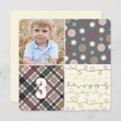 Invitation Gris Patchwork Motif Carrés Boy Photo Anniversaire (Devant / Derrière)