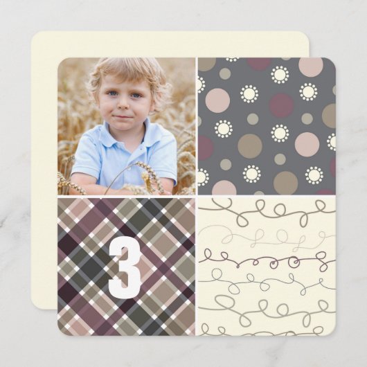 Invitation Gris Patchwork Motif Carrés Boy Photo Anniversaire (Devant / Derrière)