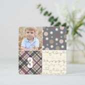 Invitation Gris Patchwork Motif Carrés Boy Photo Anniversaire (Debout devant)