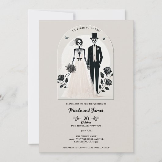 Invitation Gris Pierre Noir Squelette Gothique Mariage Hallow (Devant)