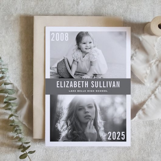 Invitation Gris puis et maintenant Collage photo Graduation