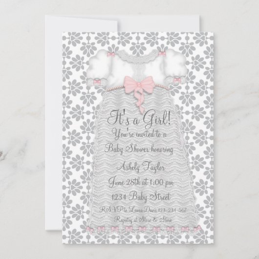 Invitation Gris rose Damas bébé fille douche (Devant)