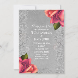 Invitation Gris & Rose Vintage Antique Élégant Mariage