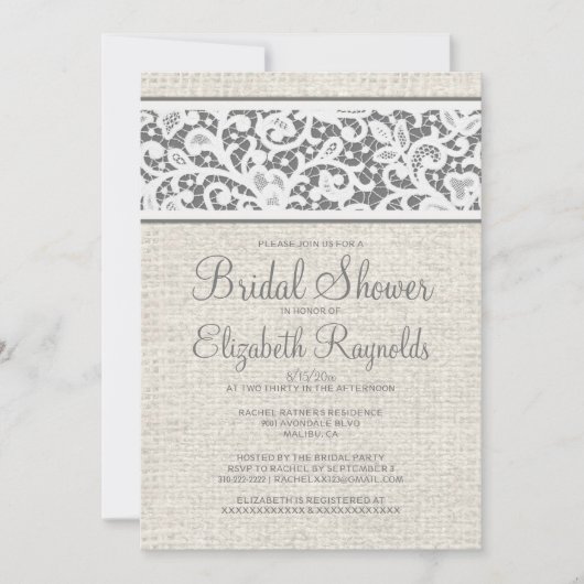 Invitation Gris Rustique Burlap Linge Douche nuptiale Invitat (Devant)