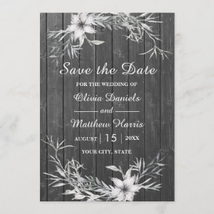 Invitation Gris rustique. Église en bois mariage Save the Dat