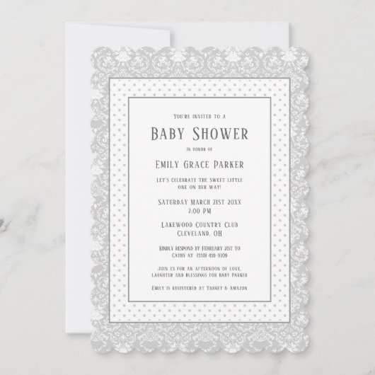 Invitation Gris Shabby Chic Vintage bébé fille douche (Devant)