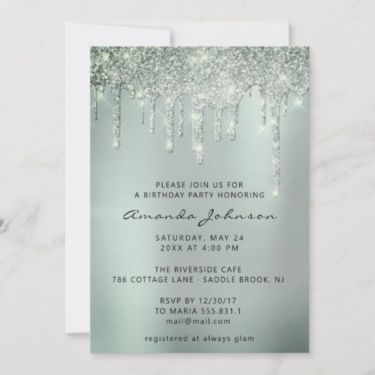 Invitation Gris Smoky Mint Parties scintillant Effet Drithday (Devant)