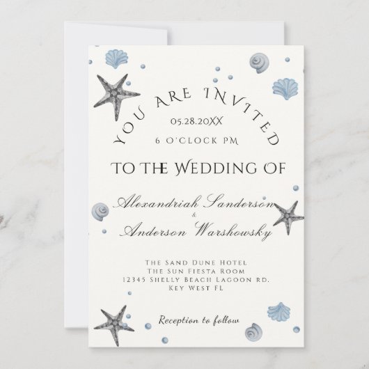 Invitation Gris Starfish Blue Shells Beach Wedding (Devant)