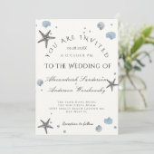 Invitation Gris Starfish Blue Shells Beach Wedding (Debout devant)