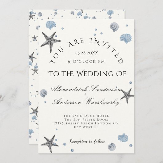 Invitation Gris Starfish Blue Shells Beach Wedding (Devant / Derrière)