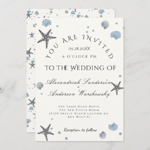 Invitation Gris Starfish Blue Shells Beach Wedding