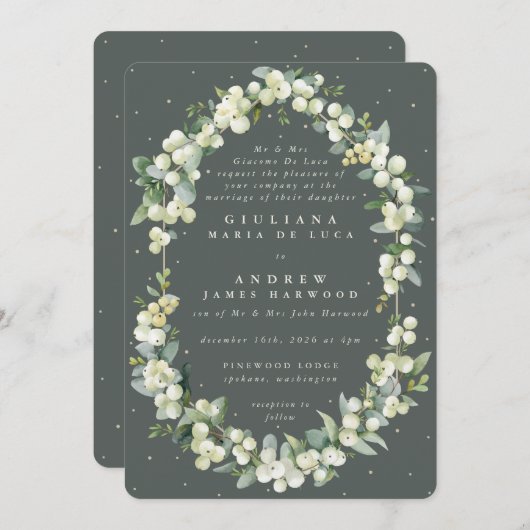 Invitation Gris vert Formel Snowberry+Eucalyptus Mariage (Devant / Derrière)