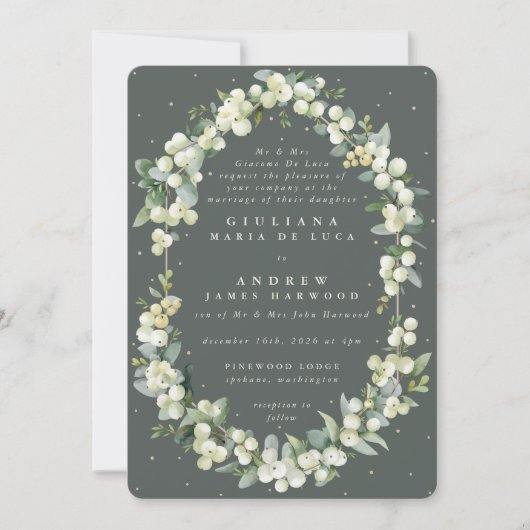 Invitation Gris vert Formel Snowberry+Eucalyptus Mariage (Devant)