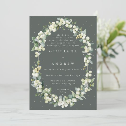 Invitation Gris vert Formel Snowberry+Eucalyptus Mariage (Debout devant)