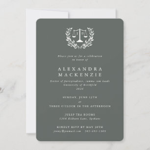 Invitation Gris-Vert JD Droit Balances Laurel Wreath Graduati
