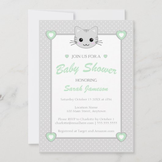 Invitation Gris Vert Neutre Cute Kawaii Baby shower de chat (Devant)