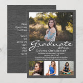 Invitation Gris Woodgrain Moderne 4 Photo Graduation (Devant / Derrière)