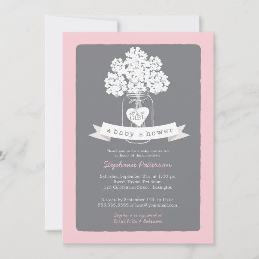 Invitation grise douce de baby shower du rose | de (Devant)