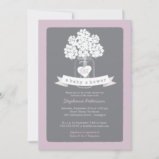Invitation grise lilas douce de baby shower de pot (Devant)