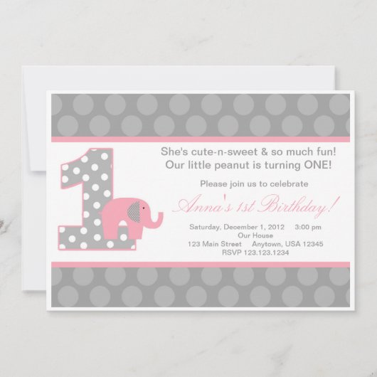 Invitation grise rose d'anniversaire d'éléphant (Devant)