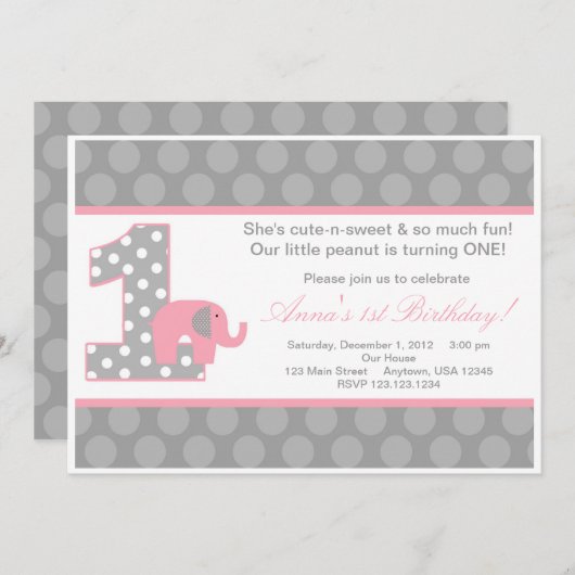 Invitation grise rose d'anniversaire d'éléphant (Devant / Derrière)
