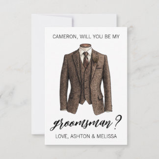Invitation Groomsman Proposal Card, Brown Tweed Suit Jacket