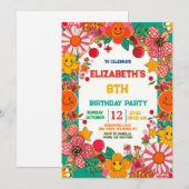 Invitation Groovy Daisy & Smiley Face Anniversaire Rétro (Devant / Derrière)