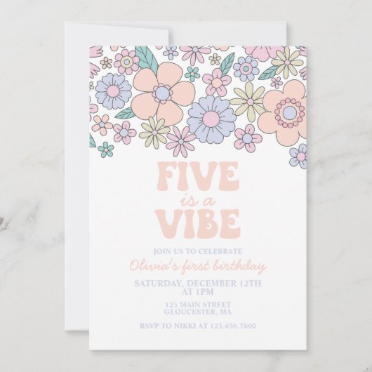 Invitation Groovy Five est une fête rétro florale pour un 5e (Devant)