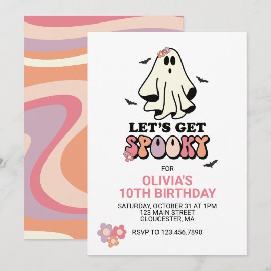 Invitation groovy Ghost rétro Halloween Anniversaire (Devant / Derrière)