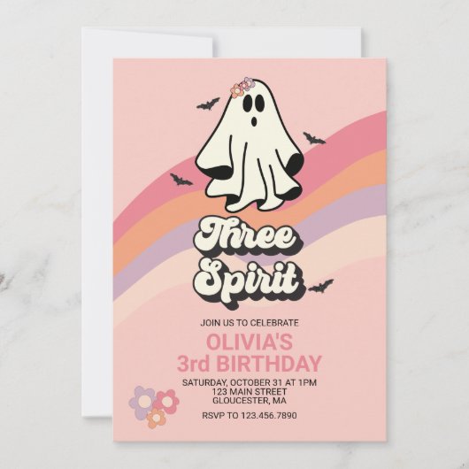 Invitation groovy Ghost rétro Halloween Trois Esprits Anniver (Devant)