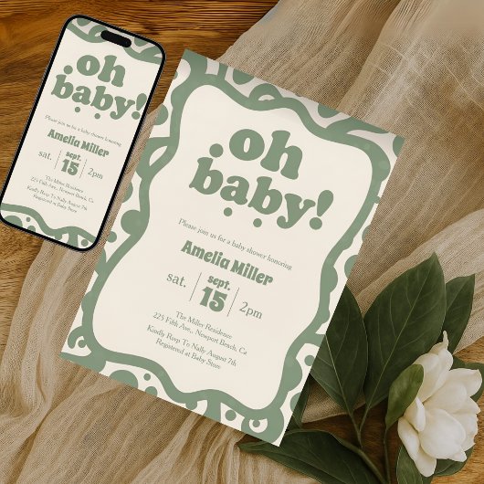 Invitation Groovy Oh Baby Shower | Retro 70s Sage Green