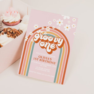Invitation Groovy One bohème daisy arc-en-ciel premier annive