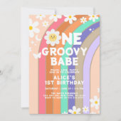 Invitation Groovy One boho daisy rainbow premier anniversaire (Devant)
