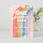 Invitation Groovy One boho daisy rainbow premier anniversaire (Debout devant)