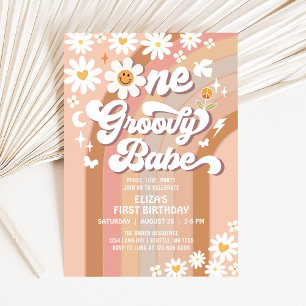 Invitation Groovy ONE Daisy Rainbow Beige 1er Anniversaire