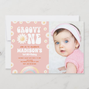 Invitation Groovy One Daisy Rainbow Retro Photo Anniversaire