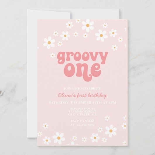 Invitation Groovy One marguerite boho florale premier anniver (Devant)