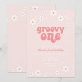Invitation Groovy One marguerite boho florale premier anniver (Devant / Derrière)