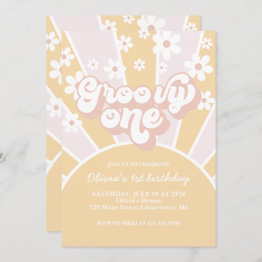 Invitation Groovy One Pastel Rétro Soleil Marguerite Rose (Devant / Derrière)