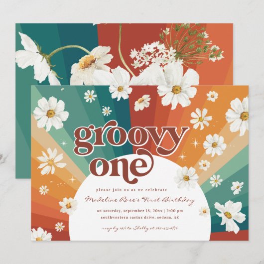 Invitation Groovy One Premier Anniversaire | Rétro Daisy Arc- (Devant / Derrière)