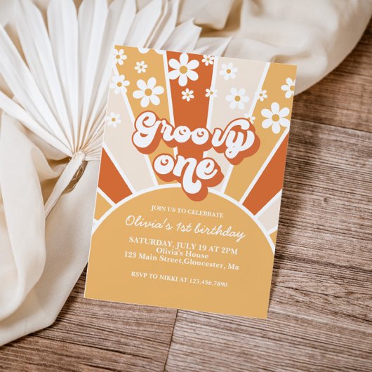 Invitation Groovy One Rétro Soleil marguerite boho floral