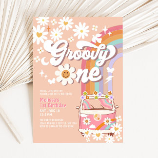 Invitation Groovy ONE Rose Fleur de Daisy Arc-en-ciel Hippie 