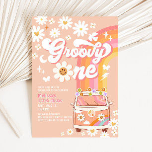 Invitation Groovy One Van Peach Daisy Rainbow 1er Anniversair
