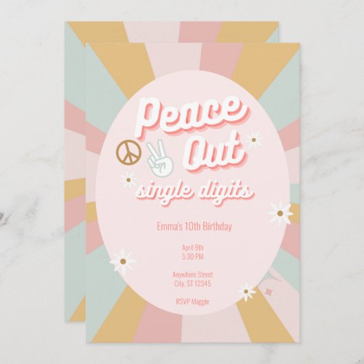 Invitation Groovy Peace Out Rétro Chiffres Simples 10e Annive (Devant / Derrière)