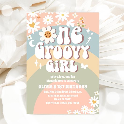 Invitation Groovy Rainbow Daisy 1er Anniversaire