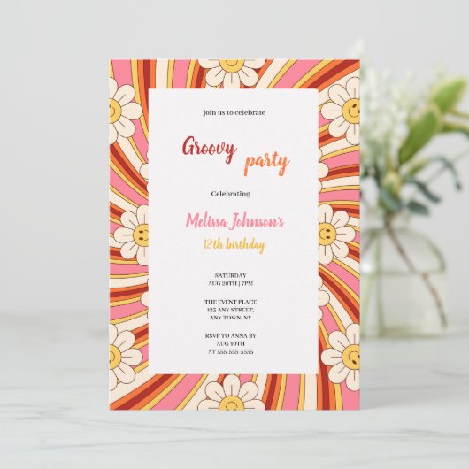 Invitation groovy red,orange,pink,yellow birthday with flower (Debout devant)