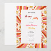 Invitation groovy red,orange,pink,yellow birthday with flower (Devant / Derrière)